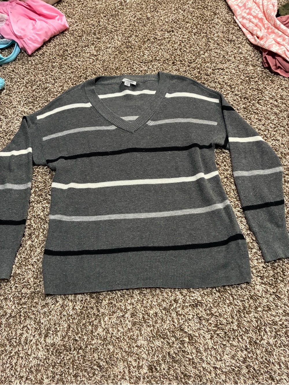 American Eagle Outfitters Gray Striped V-Neck Sweater